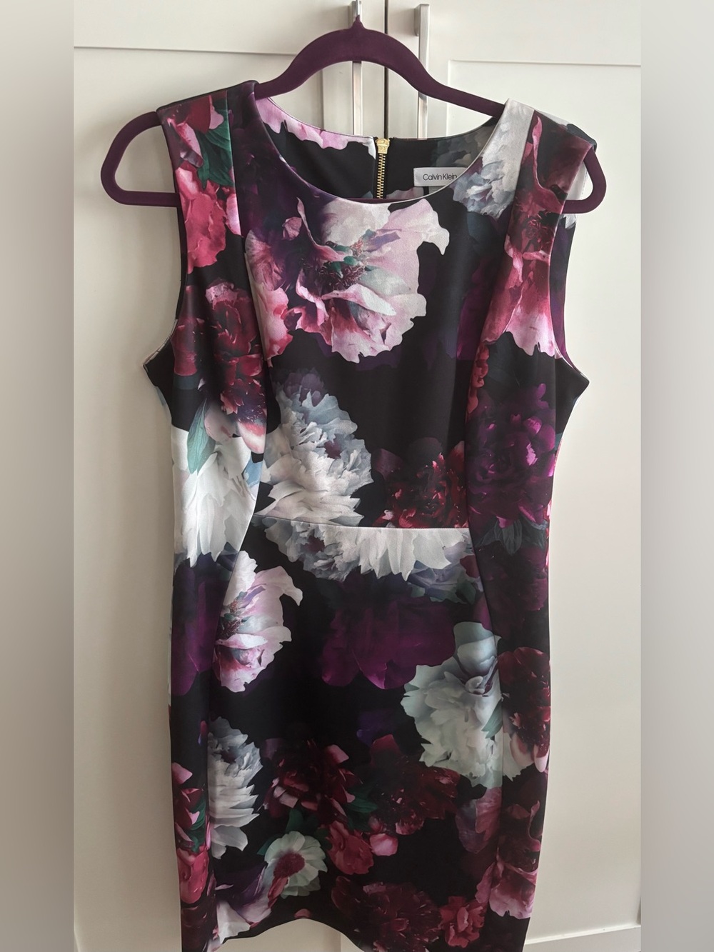 Calvin Klein Black Floral Sheath Dress with Pink, Purple and White Blooms